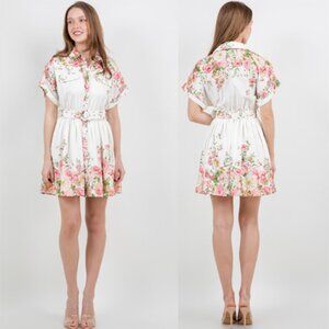 Floral Print Button Front Mini Dress With Belt in White